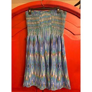 Fynn & Rose Size 14 Strapless Blue Smocked Chiffon Dress Anthropologie Lined EUC